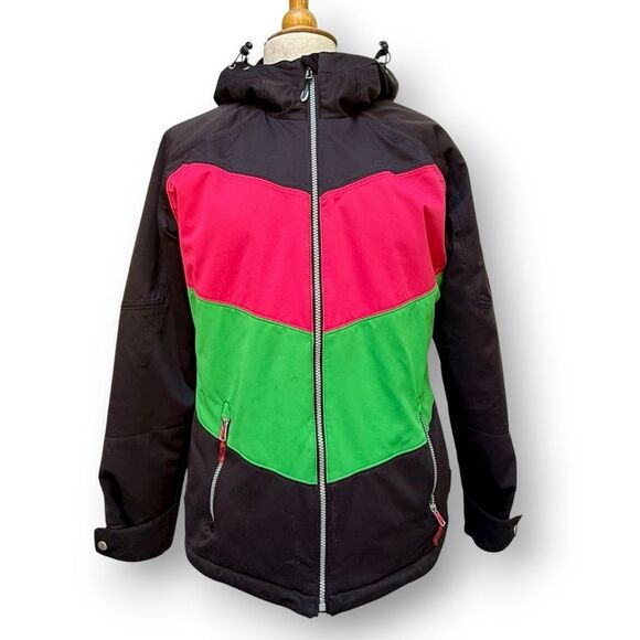 Obermeyer Ski Jacket Women's 10 Black Neon Pink & Green Full Zip Hooded Coat - Picture 3 of 15